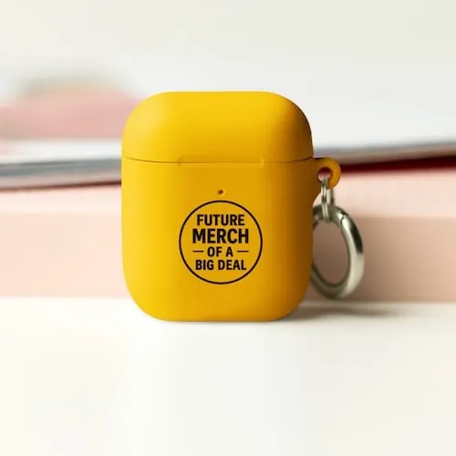 A yellow Airpods case with black text that says Future Merch of a Big Deal representing tech accessory promotional products available in our store for same-day online ordering in San Francisco .